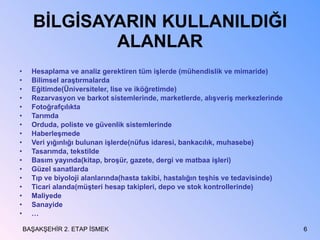 BİLGİSAYARIN KULLANILDIĞI ALANLAR Hesaplama ve analiz gerektiren tüm işlerde (mühendislik ve mimaride) Bilimsel araştırmalarda Eğitimde(Üniversiteler, lise ve iköğretimde) Rezarvasyon ve barkot sistemlerinde, marketlerde, alışveriş merkezlerinde Fotoğrafçılıkta Tarımda Orduda, poliste ve güvenlik sistemlerinde Haberleşmede Veri yığınlığı bulunan işlerde(nüfus idaresi, bankacılık, muhasebe) Tasarımda, tekstilde Basım yayında(kitap, broşür, gazete, dergi ve matbaa işleri) Güzel sanatlarda Tıp ve biyoloji alanlarında(hasta takibi, hastalığın teşhis ve tedavisinde) Ticari alanda(müşteri hesap takipleri, depo ve stok kontrollerinde) Maliyede Sanayide … BAŞAKŞEHİR 2. ETAP İSMEK 