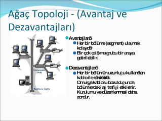 Ağaç Topoloji - (Avantaj ve Dezavantajları) Avantajları: Her bir bölüme (segment) ulaşmak kolaydır Bir çok çalışma grubu bir araya getirilebilir.  Dezavantajları  Her bir bölümün uzunluğu kullanılan kablo ile sınırlıdır. Omurga kablosu bozulduğunda bölümlerdeki ağ trafiği etkilenir. Kurulumu ve düzenlenmesi daha zordur. 