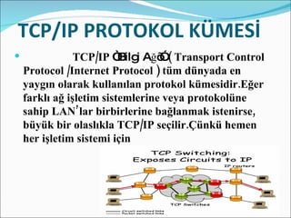 TCP/IP PROTOKOL KÜMESİ   TCP/IP  “Bilgi Ağı”  ( Transport Control Protocol /Internet Protocol ) tüm dünyada en yaygın olarak kullanılan protokol kümesidir.Eğer farklı ağ işletim sistemlerine veya protokolüne sahip LAN’lar birbirlerine bağlanmak istenirse,  büyük bir olaslıkla TCP/IP seçilir.Çünkü hemen her işletim sistemi için 