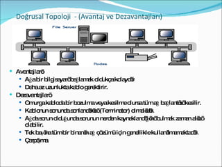 Avantajları: Ağa bir bilgisayarı bağlamak oldukça kolaydır Daha az uzunlukta kablo gerektirir. Dezavantajları  Omurga kabloda bir bozulma veya kesilme olursa tüm ağ bağlantısı kesilir. Kablonun sonunda sonlandırıcı (Terminator) olmalıdır. Ağda sorun olduğunda sorunun nerden kaynaklandığını bulmak zaman alıcı olabilir. Tek başına tüm bir binanın ağ çözümü için genellikle kullanılmamaktadır. Çarpışma Doğrusal Topoloji  - (Avantaj ve Dezavantajları) 