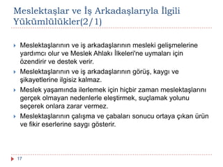 Meslektaşlar ve Ġş Arkadaşlarıyla Ġlgili
Yükümlülükler(2/1)
 Meslektaşlarının ve iş arkadaşlarının mesleki gelişmelerine
yardımcı olur ve Meslek Ahlakı İlkeleri'ne uymaları için
özendirir ve destek verir.
 Meslektaşlarının ve iş arkadaşlarının görüş, kaygı ve
şikayetlerine ilgisiz kalmaz.
 Meslek yaşamında ilerlemek için hiçbir zaman meslektaşlarını
gerçek olmayan nedenlerle eleştirmek, suçlamak yolunu
seçerek onlara zarar vermez.
 Meslektaşlarının çalışma ve çabaları sonucu ortaya çıkan ürün
ve fikir eserlerine saygı gösterir.
17
 