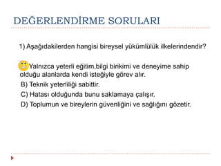 DEĞERLENDĠRME SORULARI
1) Aşağıdakilerden hangisi bireysel yükümlülük ilkelerindendir?
A) Yalnızca yeterli eğitim,bilgi birikimi ve deneyime sahip
olduğu alanlarda kendi isteğiyle görev alır.
B) Teknik yeterliliği sabittir.
C) Hatası olduğunda bunu saklamaya çalışır.
D) Toplumun ve bireylerin güvenliğini ve sağlığını gözetir.
 