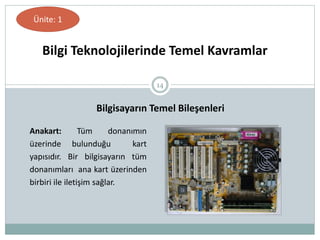 14
Bilgi Teknolojilerinde Temel Kavramlar
Ünite: 1
Bilgisayarın Temel Bileşenleri
Anakart: Tüm donanımın
üzerinde bulunduğu kart
yapısıdır. Bir bilgisayarın tüm
donanımları ana kart üzerinden
birbiri ile iletişim sağlar.
 