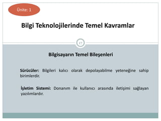 17
Bilgi Teknolojilerinde Temel Kavramlar
Ünite: 1
Bilgisayarın Temel Bileşenleri
Sürücüler: Bilgileri kalıcı olarak depolayabilme yeteneğine sahip
birimlerdir.
İşletim Sistemi: Donanım ile kullanıcı arasında iletişimi sağlayan
yazılımlardır.
 