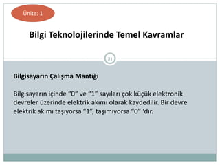 21
Bilgi Teknolojilerinde Temel Kavramlar
Ünite: 1
Bilgisayarın Çalışma Mantığı
Bilgisayarın içinde “0“ ve “1” sayıları çok küçük elektronik
devreler üzerinde elektrik akımı olarak kaydedilir. Bir devre
elektrik akımı taşıyorsa “1”, taşımıyorsa “0” ‘dır.
 