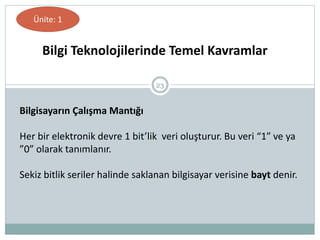 23
Bilgi Teknolojilerinde Temel Kavramlar
Ünite: 1
Bilgisayarın Çalışma Mantığı
Her bir elektronik devre 1 bit’lik veri oluşturur. Bu veri “1” ve ya
”0” olarak tanımlanır.
Sekiz bitlik seriler halinde saklanan bilgisayar verisine bayt denir.
 