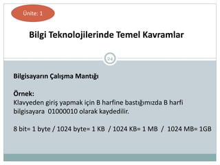 24
Bilgi Teknolojilerinde Temel Kavramlar
Ünite: 1
Bilgisayarın Çalışma Mantığı
Örnek:
Klavyeden giriş yapmak için B harfine bastığımızda B harfi
bilgisayara 01000010 olarak kaydedilir.
8 bit= 1 byte / 1024 byte= 1 KB / 1024 KB= 1 MB / 1024 MB= 1GB
 