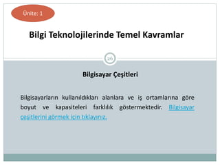 26
Bilgi Teknolojilerinde Temel Kavramlar
Ünite: 1
Bilgisayar Çeşitleri
Bilgisayarların kullanıldıkları alanlara ve iş ortamlarına göre
boyut ve kapasiteleri farklılık göstermektedir. Bilgisayar
çeşitlerini görmek için tıklayınız.
 