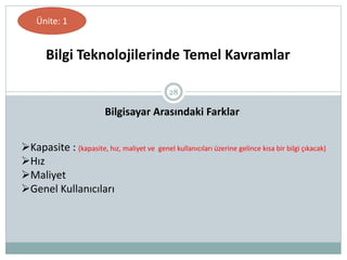 28
Bilgi Teknolojilerinde Temel Kavramlar
Ünite: 1
Bilgisayar Arasındaki Farklar
Kapasite : (kapasite, hız, maliyet ve genel kullanıcıları üzerine gelince kısa bir bilgi çıkacak)
Hız
Maliyet
Genel Kullanıcıları
 
