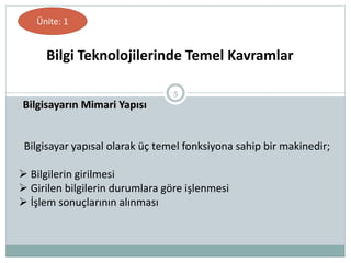 5
Bilgisayarın Mimari Yapısı
Bilgi Teknolojilerinde Temel Kavramlar
Ünite: 1
Bilgisayar yapısal olarak üç temel fonksiyona sahip bir makinedir;
 Bilgilerin girilmesi
 Girilen bilgilerin durumlara göre işlenmesi
 İşlem sonuçlarının alınması
 