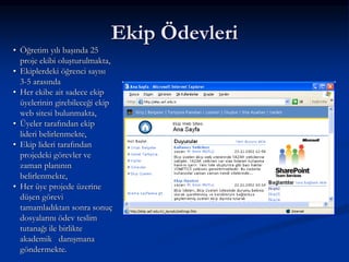 Ekip Ödevleri
• Öğretim yılı başında 25
  proje ekibi oluşturulmakta,
• Ekiplerdeki öğrenci sayısı
  3-5 arasında
• Her ekibe ait sadece ekip
  üyelerinin girebileceği ekip
  web sitesi bulunmakta,
• Üyeler tarafından ekip
  lideri belirlenmekte,
• Ekip lideri tarafından
  projedeki görevler ve
  zaman planının
  belirlenmekte,
• Her üye projede üzerine
  düşen görevi
  tamamladıktan sonra sonuç
  dosyalarını ödev teslim
  tutanağı ile birlikte
  akademik danışmana
  göndermekte.
 