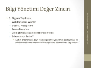 Bilgi	
  Yönetimi	
  Değer	
  Zinciri	
  
•  3.	
  Bilginin	
  Yayılması	
  
•  Web	
  Portalleri,	
  Wiki’ler	
  
•  E-­‐posta,	
  mesajlaşma	
  
•  Arama	
  Motorları	
  
•  Grup	
  işbirliği	
  araçları	
  (collaboraBon	
  tools)	
  
•  Enfromasyon	
  Tufanı?	
  
•  EğiBm	
  programları,	
  gayrı	
  resmi	
  ilişkiler	
  ve	
  yöneBmin	
  paylaşılması	
  ile	
  
yöneBcilerin	
  daha	
  önemli	
  enformasyonlara	
  odaklanması	
  sağlanabilir	
  
www.SadiEvrenSEKER.com	
  Dr.	
  Şadi	
  Evren	
  ŞEKER	
  
 