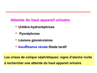 Atteinte du haut appareil urinaire:
        Urétéro-hydronéphrose

        Pyonéphrose

        Lésions glomérulaires

        Insuffisance rénale:Stade tardif


Les crises de colique néphrétiques: signe d’alarme incite
à rechercher une atteinte du haut appareil urinaire
 