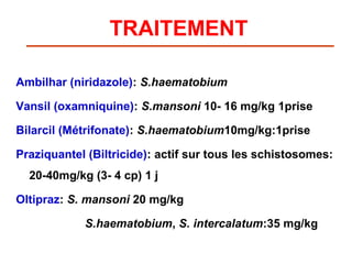 TRAITEMENT

Ambilhar (niridazole): S.haematobium

Vansil (oxamniquine): S.mansoni 10- 16 mg/kg 1prise

Bilarcil (Métrifonate): S.haematobium10mg/kg:1prise

Praziquantel (Biltricide): actif sur tous les schistosomes:
  20-40mg/kg (3- 4 cp) 1 j

Oltipraz: S. mansoni 20 mg/kg

            S.haematobium, S. intercalatum:35 mg/kg
 
