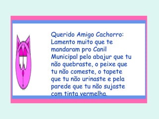 Querido Amigo Cachorro:  Lamento muito que te mandaram pro Canil Municipal pelo abajur que tu não quebraste, o peixe que tu não comeste, o tapete que tu não urinaste e pela parede que tu não sujaste com tinta vermelha.  
