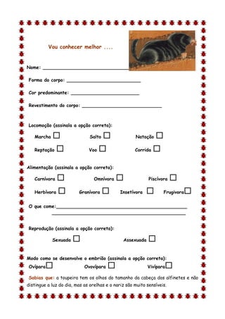Vou conhecer melhor ....


Nome: ________________________________

Forma do corpo: __________________________

Cor predominante: ________________________

Revestimento do corpo: ____________________________



Locomoção (assinala a opção correta):

    Marcha                    Salto                Natação    
    Reptação                 Voo                   Corrida   

Alimentação (assinala a opção correta):

    Carnívora                   Omnívora                  Piscívora   
    Herbívora           Granívora           Insetívora           Frugivora   
O que come:______________________________________________
         _______________________________________________


Reprodução (assinala a opção correta):

             Sexuada                          Assexuada    
d

Modo como se desenvolve o embrião (assinala a opção correta):
Ovípara                    Ovovípara                     Vivípara   
Sabias que: a toupeira tem os olhos do tamanho da cabeça dos alfinetes e não
distingue a luz do dia, mas as orelhas e o nariz são muito sensíveis.
 