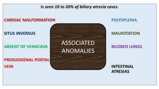 Is seen 10 to 20% of biliary atresia cases.
CARDIAC MALFORMATION POLYSPLENIA
SITUS INVERSUS MALROTATION
ABSENT OF VENACAVA BILOBED LUNGS
PREDUODENAL PORTAL
VEIN INTESTINAL
ATRESIAS
ASSOCIATED
ANOMALIES
 
