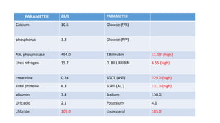 PARAMETER 28/1 PARAMETER
Calcium 10.6 Glucose (F/R)
phosphorus 3.3 Glucose (P/P)
Alk. phosphotase 494.0 T.Billirubin 11.09 (high)
Urea nitrogen 15.2 D. BILLIRUBIN 6.55 (high)
creatinine 0.24 SGOT (AST) 229.0 (high)
Total proteine 6.3 SGPT (ALT) 131.0 (high)
albumin 3.4 Sodium 130.0
Uric acid 2.1 Potassium 4.1
chloride 109.0 cholesterol 185.0
 