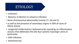 • Unknown.
• Reovirus 3 infection or rotavirus infection.
• Some chromosomal abnormality trisomy 17, 18 and 21;
• as well as the presence of anomalous organs in 30% of cases of
biliary atresia.
• congenital malformation ( believed to be caused by an inflammatory
process that obliterates the bile duct system) may begin utero or
postnataly.
• CMV infection.
• Autoimmunity.
ETIOLOGY
 