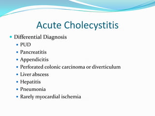 Acute CholecystitisDifferential DiagnosisPUDPancreatitisAppendicitisPerforated colonic carcinoma or diverticulumLiver abscessHepatitisPneumoniaRarely myocardial ischemia