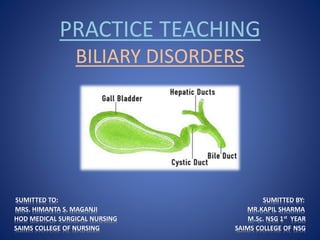 PRACTICE TEACHING
BILIARY DISORDERS
SUMITTED TO: SUMITTED BY:
MRS. HIMANTA S. MAGANJI MR.KAPIL SHARMA
HOD MEDICAL SURGICAL NURSING M.Sc. NSG 1st YEAR
SAIMS COLLEGE OF NURSING SAIMS COLLEGE OF NSG
 