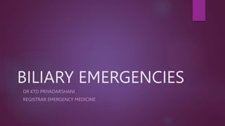 BILIARY EMERGENCIES
DR KTD PRIYADARSHANI
REGISTRAR EMERGENCY MEDICINE
 