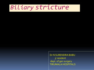 Biliary stricture
Dr N SURENDRA BABU
jr resident
dept. of gen surgery
TIRUMALA HOSPITALS
 