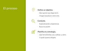 El proceso Define un objetivo.
▪ Que quieres que digan de ti.
▪ Imagen basada en cómo eres.
Conócete.
▪ Especialización y Experiencia.
▪ Busca tu pasión.
Planifica tu estrategia.
▪ Qué herramientas vas a utilizar, y cómo.
▪ A quién quieres dirigirte.
 