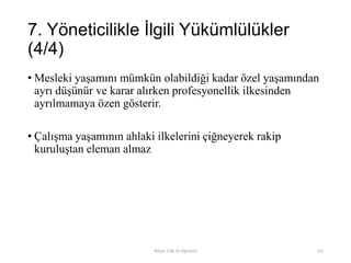 7. Yöneticilikle İlgili Yükümlülükler
(4/4)
• Mesleki yaşamını mümkün olabildiği kadar özel yaşamından
ayrı düşünür ve karar alırken profesyonellik ilkesinden
ayrılmamaya özen gösterir.
• Çalışma yaşamının ahlaki ilkelerini çiğneyerek rakip
kuruluştan eleman almaz
Bilişim Etiği Ve Öğretimi 112
 