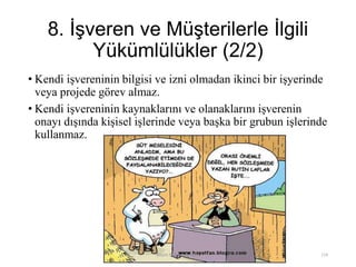 8. İşveren ve Müşterilerle İlgili
Yükümlülükler (2/2)
• Kendi işvereninin bilgisi ve izni olmadan ikinci bir işyerinde
veya projede görev almaz.
• Kendi işvereninin kaynaklarını ve olanaklarını işverenin
onayı dışında kişisel işlerinde veya başka bir grubun işlerinde
kullanmaz.
Bilişim Etiği Ve Öğretimi 114
 