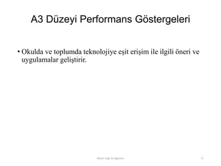 A3 Düzeyi Performans Göstergeleri
• Okulda ve toplumda teknolojiye eşit erişim ile ilgili öneri ve
uygulamalar geliştirir.
Bilişim Etiği Ve Öğretimi 71
 