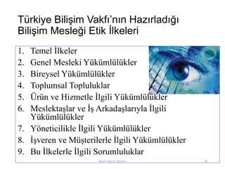 Türkiye Bilişim Vakfı’nın Hazırladığı
Bilişim Mesleği Etik İlkeleri
1. Temel İlkeler
2. Genel Mesleki Yükümlülükler
3. Bireysel Yükümlülükler
4. Toplumsal Topluluklar
5. Ürün ve Hizmetle İlgili Yükümlülükler
6. Meslektaşlar ve İş Arkadaşlarıyla İlgili
Yükümlülükler
7. Yöneticilikle İlgili Yükümlülükler
8. İşveren ve Müşterilerle İlgili Yükümlülükler
9. Bu İlkelerle İlgili Sorumluluklar
Bilişim Etiği Ve Öğretimi 96
 
