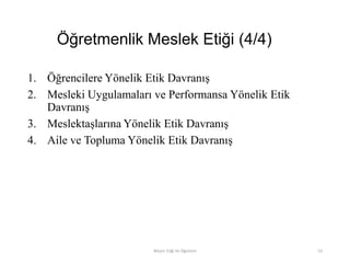 Öğretmenlik Meslek Etiği (4/4)
1. Öğrencilere Yönelik Etik Davranış
2. Mesleki Uygulamaları ve Performansa Yönelik Etik
Davranış
3. Meslektaşlarına Yönelik Etik Davranış
4. Aile ve Topluma Yönelik Etik Davranış
Bilişim Etiği Ve Öğretimi 53
 
