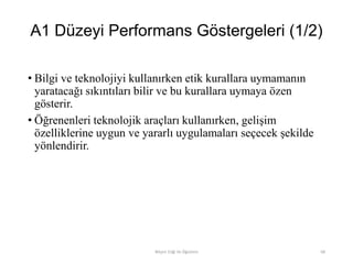 A1 Düzeyi Performans Göstergeleri (1/2)
• Bilgi ve teknolojiyi kullanırken etik kurallara uymamanın
yaratacağı sıkıntıları bilir ve bu kurallara uymaya özen
gösterir.
• Öğrenenleri teknolojik araçları kullanırken, gelişim
özelliklerine uygun ve yararlı uygulamaları seçecek şekilde
yönlendirir.
Bilişim Etiği Ve Öğretimi 68
 