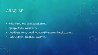 ARAÇLAR


• wikia.com, wix, wikispaces.com…
• Django, Ruby, webmatrix…
• cloudbees.com, cloud foundry (Vmware), heroku.com…
• Google drive, dropbox, skydrive…
 