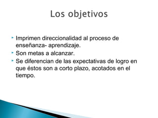 Imprimen direccionalidad al proceso de
enseñanza- aprendizaje.
 Son metas a alcanzar.
 Se diferencian de las expectativas de logro en
que éstos son a corto plazo, acotados en el
tiempo.


 