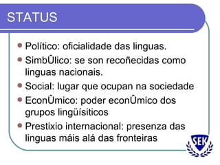 STATUS Político: oficialidade das linguas. Simbólico: se son recoñecidas como linguas nacionais. Social: lugar que ocupan na sociedade Económico: poder económico dos grupos lingüísiticos Prestixio internacional: presenza das linguas máis alá das fronteiras 