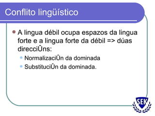 Conflito lingüístico A lingua débil ocupa espazos da lingua forte e a lingua forte da débil => dúas direccións: Normalización da dominada Substitución da dominada. 