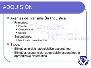 ADQUISIÓN Axentes de Transmisión lingüística: Primarios: Familia  Comunidade Escola Secundarios:  Medios de comunicación Tipos: Bilingües iniciais: adquisición espontánea Bilingües secuenciais: adquisición espontánea e aprendizaxe sistemática 
