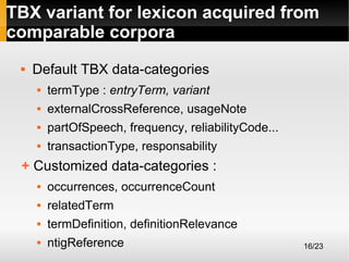 TBX variant for lexicon acquired from
comparable corpora


Default TBX data-categories


termType : entryTerm, variant



externalCrossReference, usageNote



partOfSpeech, frequency, reliabilityCode...



transactionType, responsability

+ Customized data-categories :


occurrences, occurrenceCount



relatedTerm



termDefinition, definitionRelevance



ntigReference

16/23

 