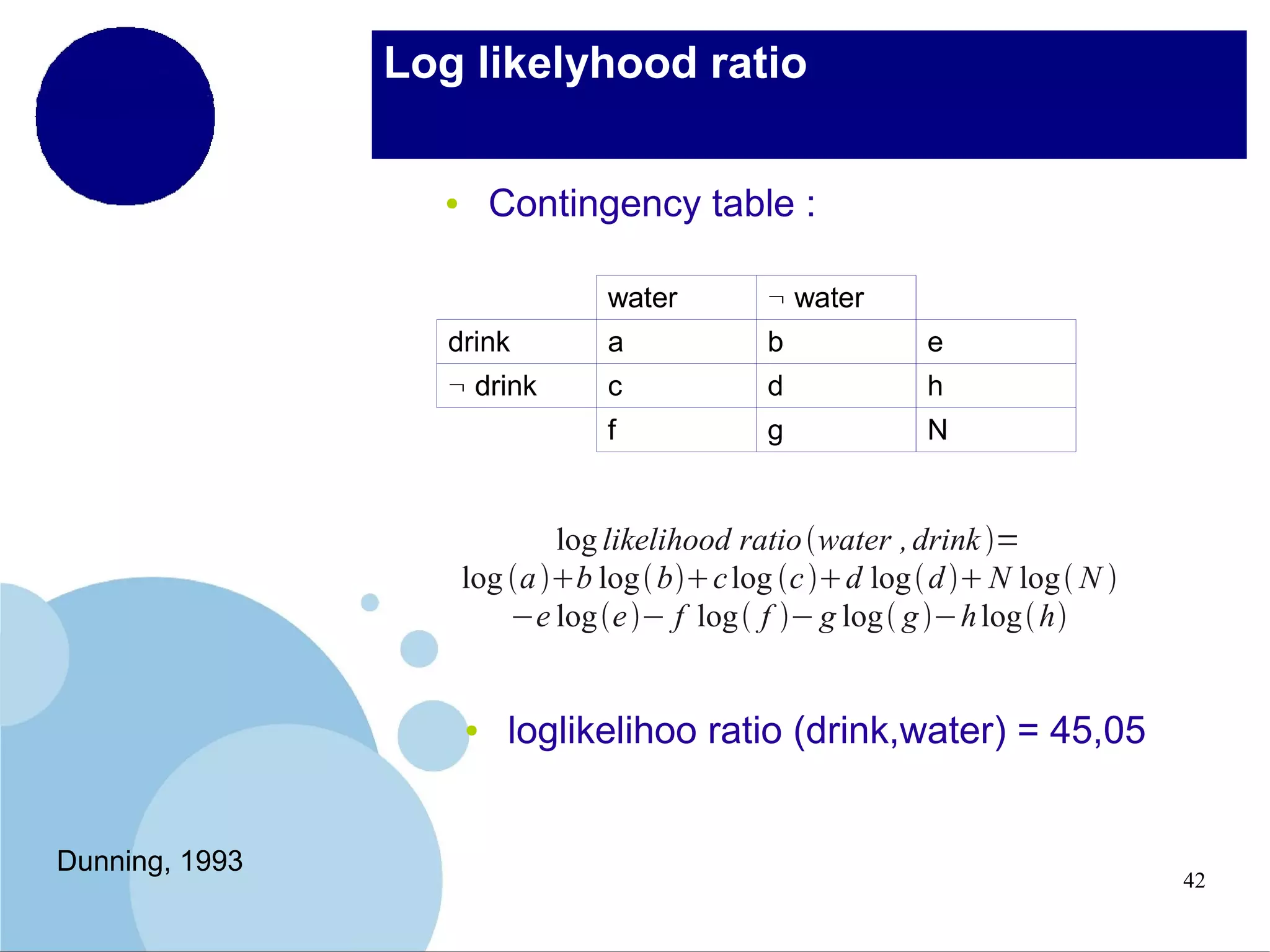 Log likelyhood ratio
Contingency table :

●

water

¬ water

drink

a

b

e

¬ drink

c

d

h

f

g

N

log likelihood ratio water , drink =
log a b log bc log c d log  d  N log  N 
−e loge − f log f − g log g −h log h

●

Dunning, 1993

loglikelihoo ratio (drink,water) = 45,05

42

 