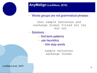 AnyMalign (Lardilleux, 2010)
●

●

Words groups are not grammatical phrases :
that sample sentences and
exchange format fitted for the
but not
Solutions :
● find term patterns
● use heuristics
● trim stop words
sample sentences
exchange format

Lardilleux et al., 2010

35

 