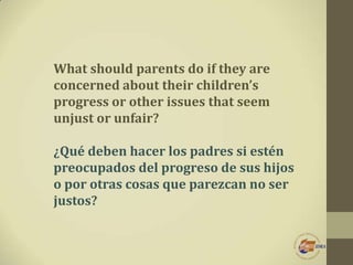 What should parents do if they are
concerned about their children’s
progress or other issues that seem
unjust or unfair?
¿...