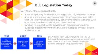 ELL Legislation Today
Every Student Succeeds Act (2015)
◂ advancing equity for the disadvantaged and high needs students
◂ annual state testing to ensure academic achievement and adds
that the information collected by achievement tests is shared with
educators, families, students, and communities
◂ funding to support local innovations in education including
evidence-based interventions that are developed by local leaders
and educators
7
ESSA stems from ESEA including the Title VII
Bilingual Education Act, which are inherently civil
rights laws and promote the education and
success of English language learners.
 