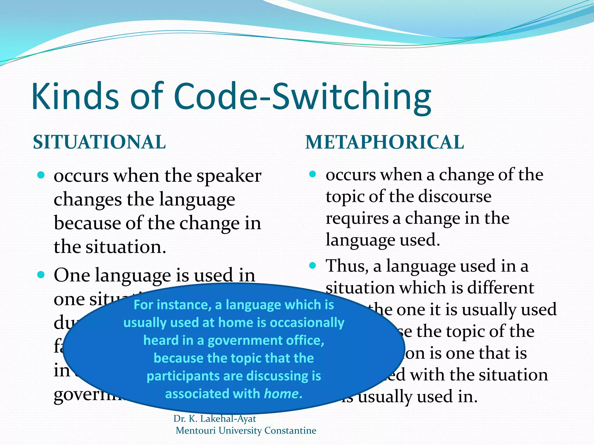 Kinds of Code-Switching
SITUATIONAL                                     METAPHORICAL
 occurs when the speaker                         occurs when a change of the
  changes the language                        topic of the discourse
  because of the change in                    requires a change in the
  the situation.                              language used.
                                           Thus, a language used in a
 One language is used in
                                              situation which is different
  one situation (for example which is
             For instance, a language         from the one it is usually used
  during ausually used atwith the
            breakfast home is occasionally because the topic of the
                                              in,
              heard in a government office,
  family members) the other
                because the topic that the conversation is one that is
  in a different one (e.g. in
               participants are discussing is associated with the situation
  government offices) with home. it is usually used in.
                   associated
                    Dr. K. Lakehal-Ayat
                    Mentouri University Constantine
 