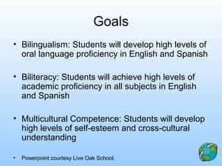 Goals
• Bilingualism: Students will develop high levels of
oral language proficiency in English and Spanish
• Biliteracy: Students will achieve high levels of
academic proficiency in all subjects in English
and Spanish
• Multicultural Competence: Students will develop
high levels of self-esteem and cross-cultural
understanding
• Powerpoint courtesy Live Oak School.
 