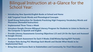 Bilingual Instruction at-a-Glance for the
School Year:
• Introducing New Spanish/English Books at School and Home
• Add Targeted Vocab Words and Phonological Concepts
• Small Group Instruction for Students Practicing High Frequency Vocabulary Words and
Phonemes (Remedial Instruction)
• Implemented Three Times a Week
• Introduce Google Chrome Bilingual Literacy Program for Students to Listen to Stories on
the Computer in Spanish and English
• Provide Literacy Assessments Covering Objectives L23 and L24 On the Spot and Assessed
in Google Chrome
• Document Each Assessment for Each 9 Weeks (Fall/Winter/Spring/EOY Periods)
• Analyze Data during PLC Meetings Each Month and Decide What Needs to be
Implemented Next
• Bring Data and Scores Back to Stakeholders and Community for Final Observation
 