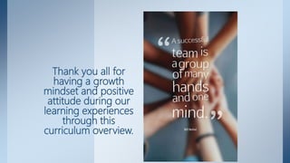 Thank you all for
having a growth
mindset and positive
attitude during our
learning experiences
through this
curriculum overview.
 