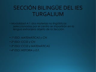 SECCIÓN BILINGÜE DEL IES
TURGALIUM
• Modalidad A1: dos materias no lingüísticas
seleccionadas por el centro se impartirán en la
lengua extranjera objeto de la Sección.
• 1º ESO: MATEMÁTICAS y CN
• 2º ESO: CCSS y CN
• 3º ESO: CCSS y MATEMÁTICAS
• 4º ESO: HISTORIA y E.F.
 