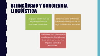 BILINGÜISMO Y CONCIENCIA
LINGÜÍSTICA
Los grupos sociales usan sus
lenguas según distintas
situaciones comunicativas .
Conciencia acerca del hecho de
que la diversidad lingüística es un
rasgo fundamental de la sociedad.
Para Lambert y Tucker consideran
que el desarrollo de dos lenguas
desde la infancia permite “una
lingüística contrastiva
espontánea”.
 